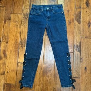 Venus | dark wash | side black ribbon tie | straight leg jeans | Sz 2